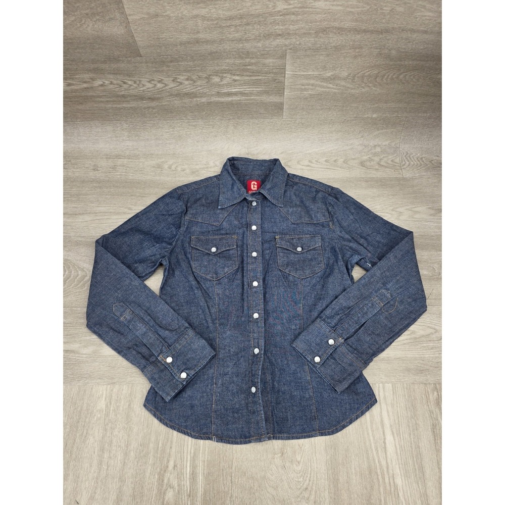 VTG GUESS USA Denim Shirt Women's Size M Western Snap Button Dark Wash Made USA